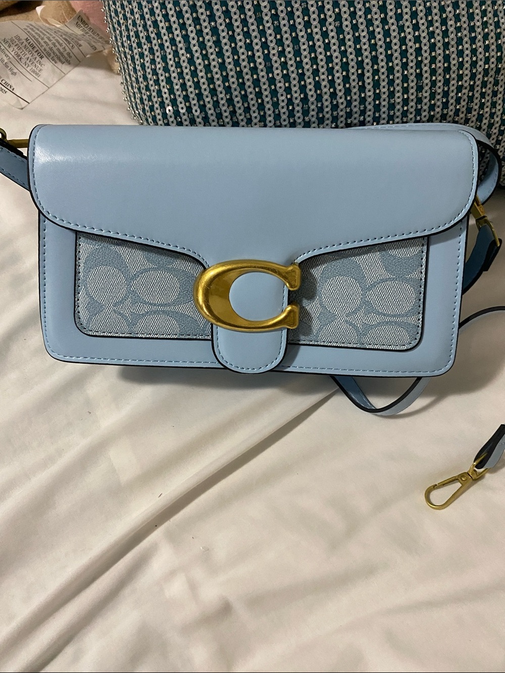 Coach Light Blue Signature C Leather Crossbody Bag with Gold Hardware